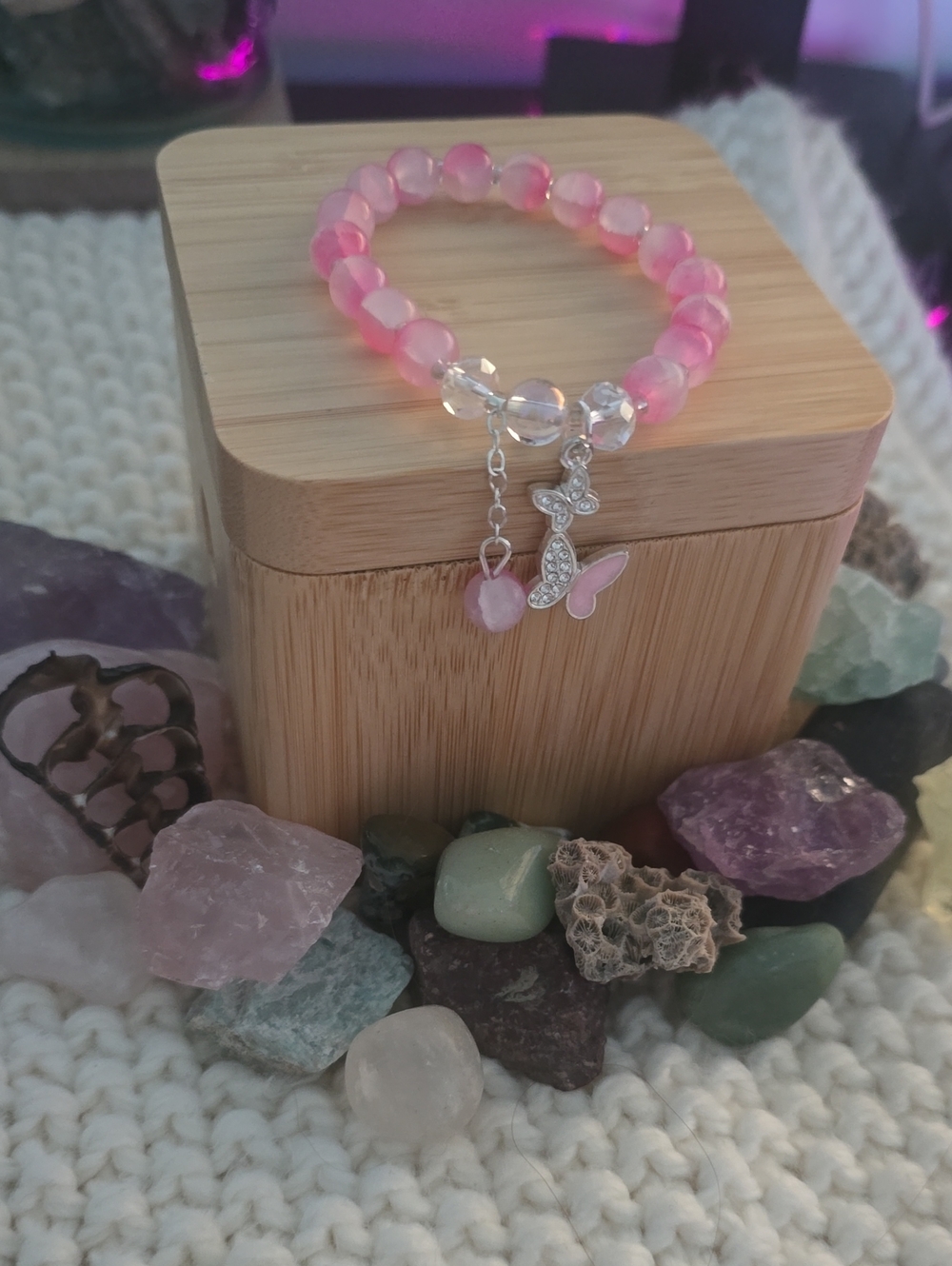 Pink Beaded Butterfly Charm Bracelet